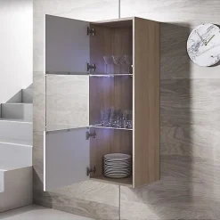 Vitrine Verticale Armoire LED - LUKE V3 - Sonoma et Blanc Finition brillante - 1 porte 3 compartiments