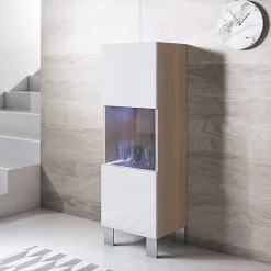 Vitrine verticale brillante - Sonoma & blanc - LED - 1 porte - 40x29x138 cm