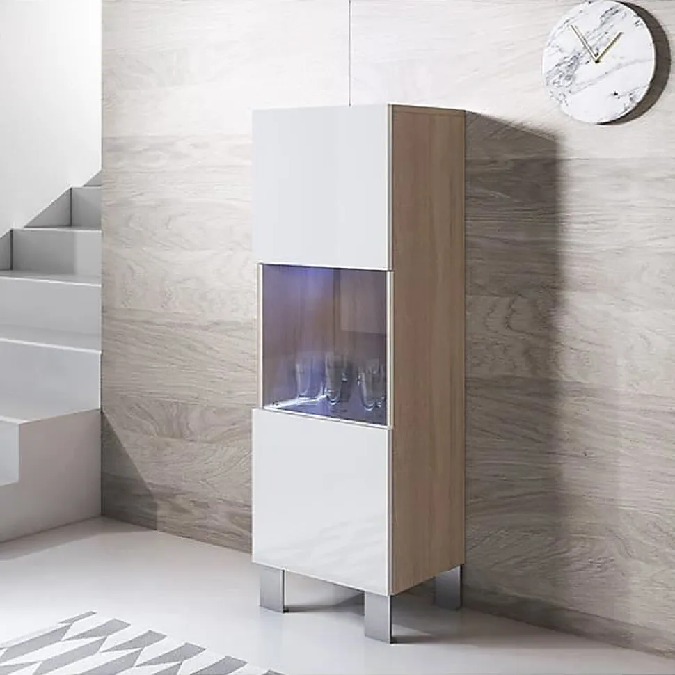 Vitrine verticale brillante - Sonoma & blanc - LED - 1 porte - 40x29x138 cm