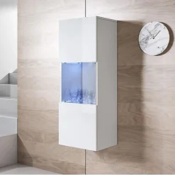 Vitrine verticale contemporaine - Blanc brillant - 1 porte, LED - Bois mélaminé - 40 x 29 x 126 cm