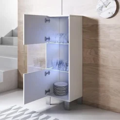 Vitrine verticale contemporaine - Blanc brillant - Mélamine - Pieds aluminium - 1 porte 3 compartiments - 40x138x29 cm