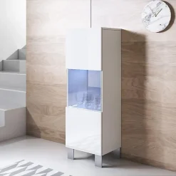 Vitrine verticale contemporaine - Blanc brillant - Mélamine - Pieds aluminium - 1 porte 3 compartiments - 40x138x29 cm