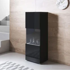 Vitrine verticale contemporaine - Noir brillant - 1 porte - LED - 40 x 29 x 128 cm