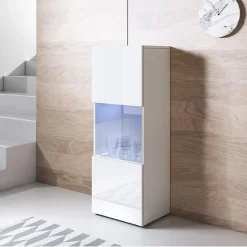 Vitrine verticale contemporaine - Blanc brillant - 1 porte - Mélamine - 40x29x128 cm