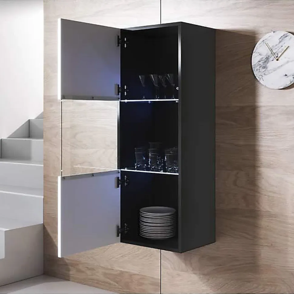 Vitrine verticale contemporaine - Mélamine brillante - Noir et blanc - 1 porte - LED - 40x126x29 cm