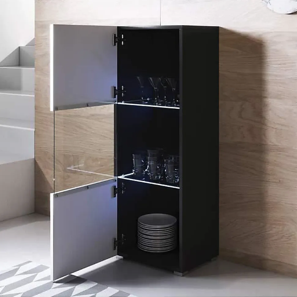 Vitrine verticale design - Noir & blanc brillant - LED - 1 porte 3 compartiments - 40x29x126 cm