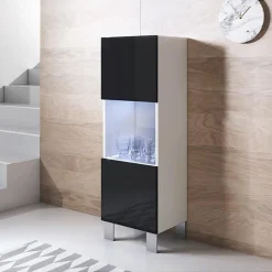 Vitrine verticale LED - Blanc/Noir - Aluminium - 1 porte, 3 compart. - 40x29x138 cm