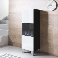 Vitrine verticale LED - Mélamine brillante noir/blanc - Pieds aluminium - 1 porte, 3 compartiments - 40x29x138 cm