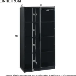 Vitrine 80x40x160 cm - Portes Verre et Cadre Aluminium, Lamelles Réglables, LED Contrôlable par App - Panneau de Particules - Noir