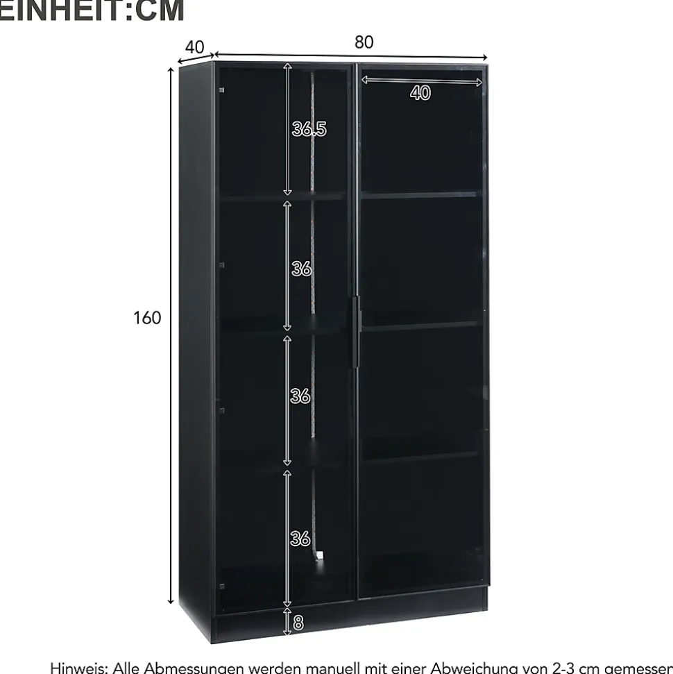 Vitrine 80x40x160 cm - Portes Verre et Cadre Aluminium, Lamelles Réglables, LED Contrôlable par App - Panneau de Particules - Noir