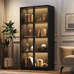 Vitrine 80x40x160 cm - Portes Verre et Cadre Aluminium, Lamelles Réglables, LED Contrôlable par App - Panneau de Particules - Noir