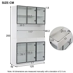 Vitrine 120x36x200cm - avec éclairage LED - avec 6 portes - portes vitrées - avec 3 tiroirs - blanc