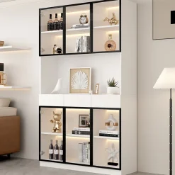 Vitrine 120x36x200cm - avec éclairage LED - avec 6 portes - portes vitrées - avec 3 tiroirs - blanc