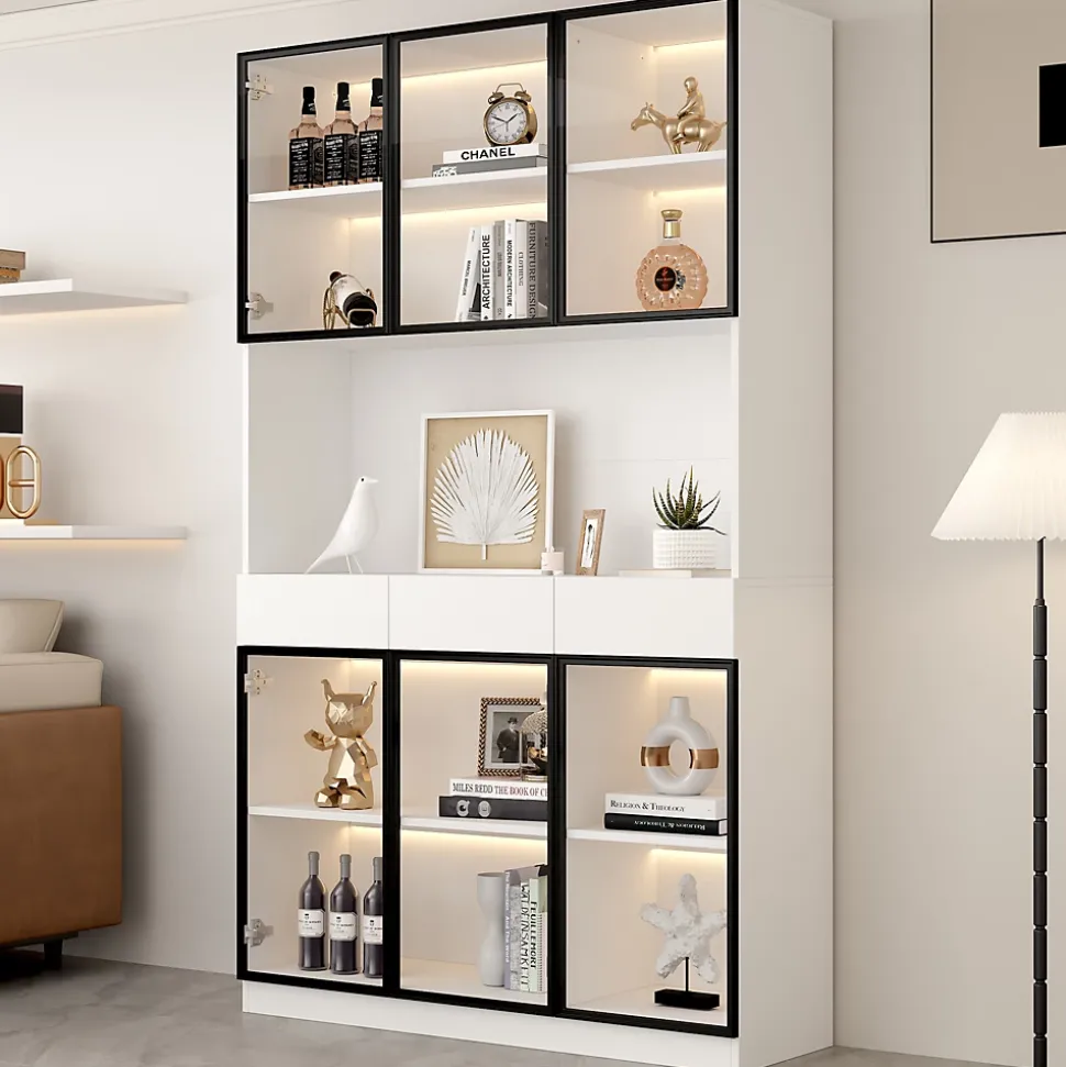 Vitrine 120x36x200cm - avec éclairage LED - avec 6 portes - portes vitrées - avec 3 tiroirs - blanc
