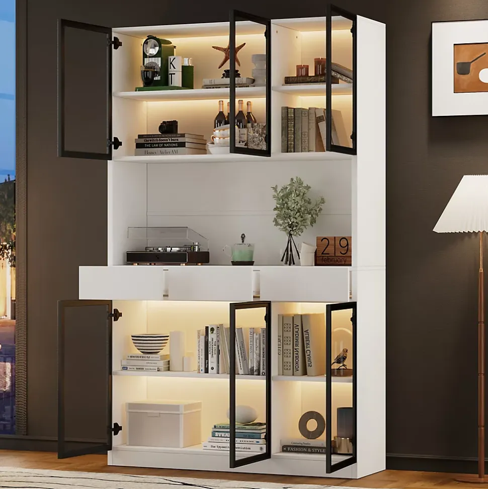 Vitrine 120x36x200cm - avec éclairage LED - avec 6 portes - portes vitrées - avec 3 tiroirs - blanc