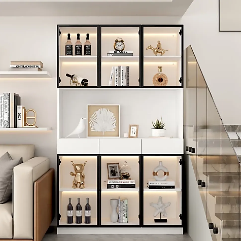 Vitrine 120x36x200cm - avec éclairage LED - avec 6 portes - portes vitrées - avec 3 tiroirs - blanc