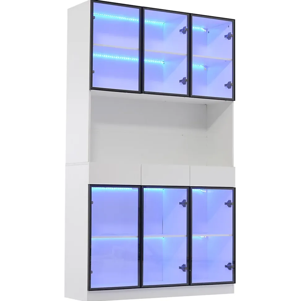 Vitrine 120x36x200cm - avec éclairage LED - avec 6 portes - portes vitrées - avec 3 tiroirs - blanc