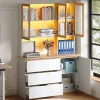 Vitrine/armoire haute avec éclairage LED - 200 cm de hauteur - 4 portes et 3 tiroirs - Plan de travail prolongé - Blanc et naturel