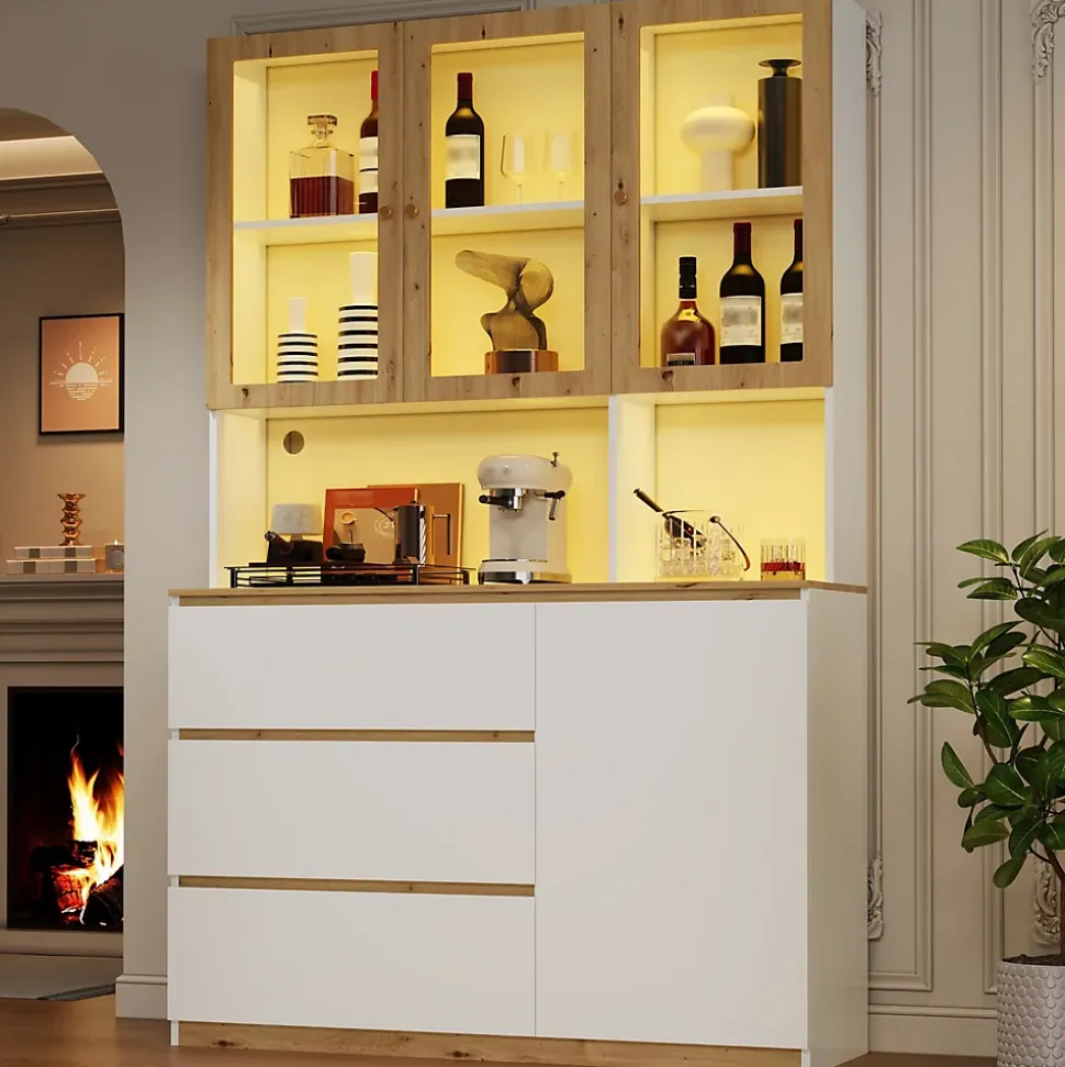 Vitrine/armoire haute avec éclairage LED - 200 cm de hauteur - 4 portes et 3 tiroirs - Plan de travail prolongé - Blanc et naturel