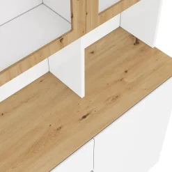 Vitrine/armoire haute avec éclairage LED - 200 cm de hauteur - 4 portes et 3 tiroirs - Plan de travail prolongé - Blanc et naturel