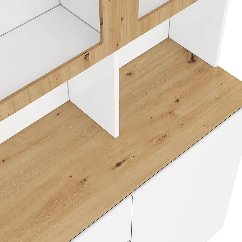 Vitrine/armoire haute avec éclairage LED - 200 cm de hauteur - 4 portes et 3 tiroirs - Plan de travail prolongé - Blanc et naturel