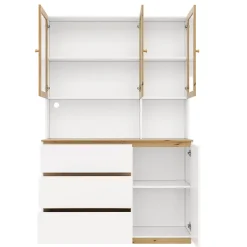 Vitrine/armoire haute avec éclairage LED - 200 cm de hauteur - 4 portes et 3 tiroirs - Plan de travail prolongé - Blanc et naturel