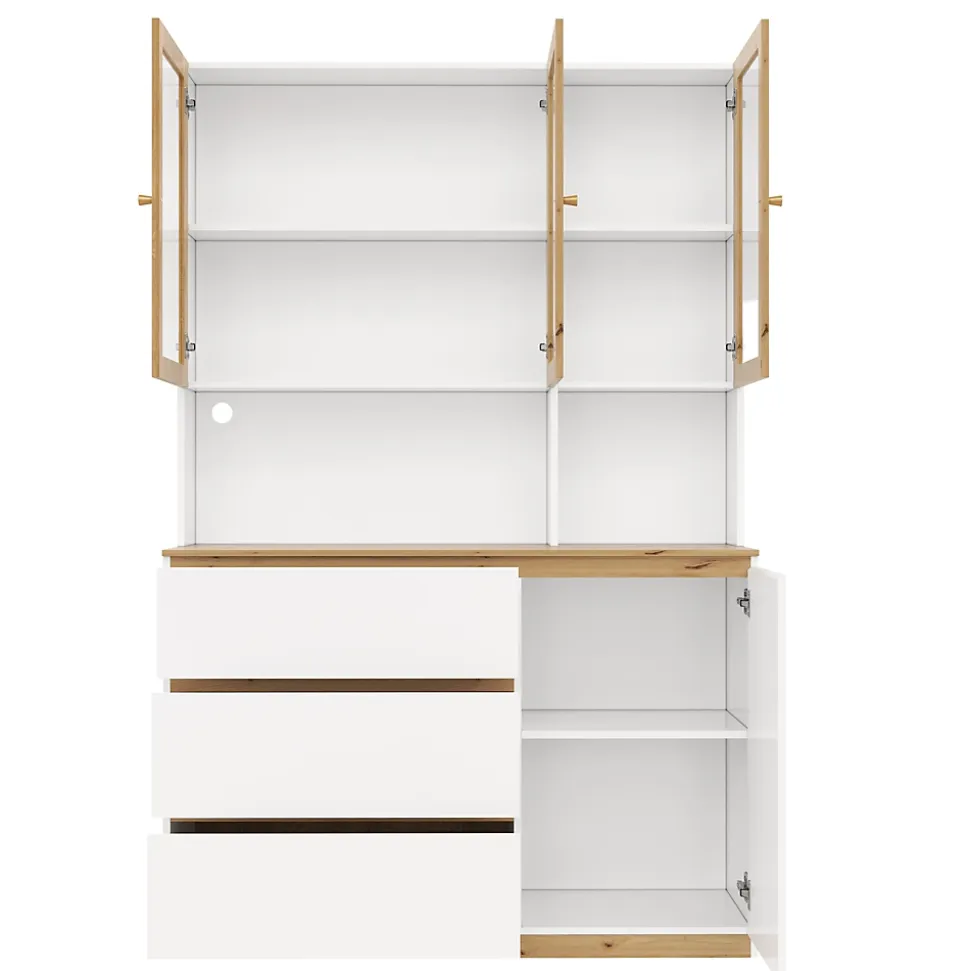 Vitrine/armoire haute avec éclairage LED - 200 cm de hauteur - 4 portes et 3 tiroirs - Plan de travail prolongé - Blanc et naturel