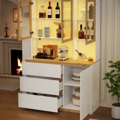 Vitrine/armoire haute avec éclairage LED - 200 cm de hauteur - 4 portes et 3 tiroirs - Plan de travail prolongé - Blanc et naturel