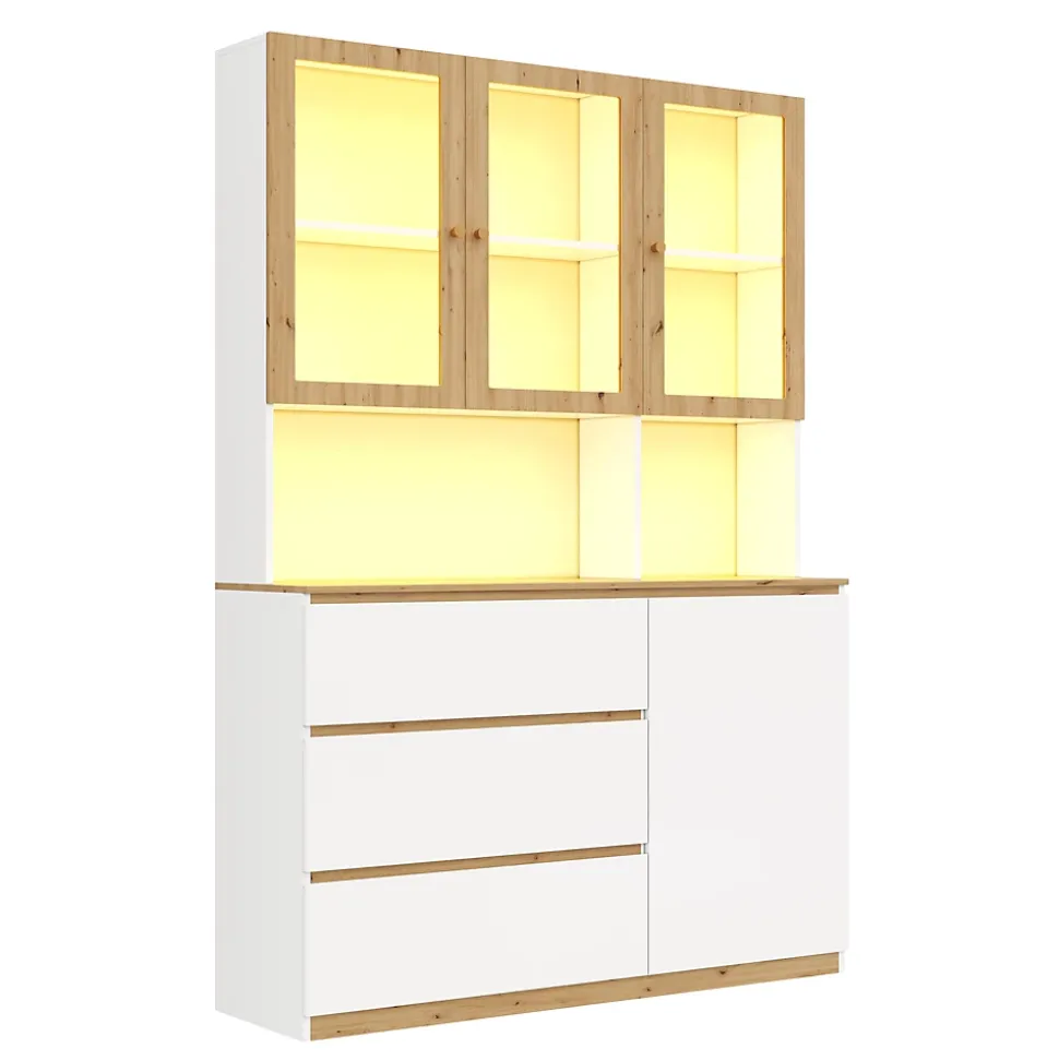 Vitrine/armoire haute avec éclairage LED - 200 cm de hauteur - 4 portes et 3 tiroirs - Plan de travail prolongé - Blanc et naturel
