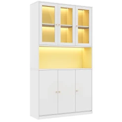 Vitrine/bibliothèque en verre 100x35x200 cm - avec éclairage LED - étagères ouvertes et 6 portes - MDF - blanc