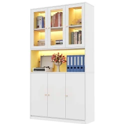 Vitrine/bibliothèque en verre 100x35x200 cm - avec éclairage LED - étagères ouvertes et 6 portes - MDF - blanc