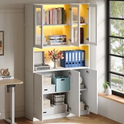 Vitrine/bibliothèque en verre 100x35x200 cm - avec éclairage LED - étagères ouvertes et 6 portes - MDF - blanc